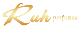 Gold 'Ruh perfumes' logo on a white background